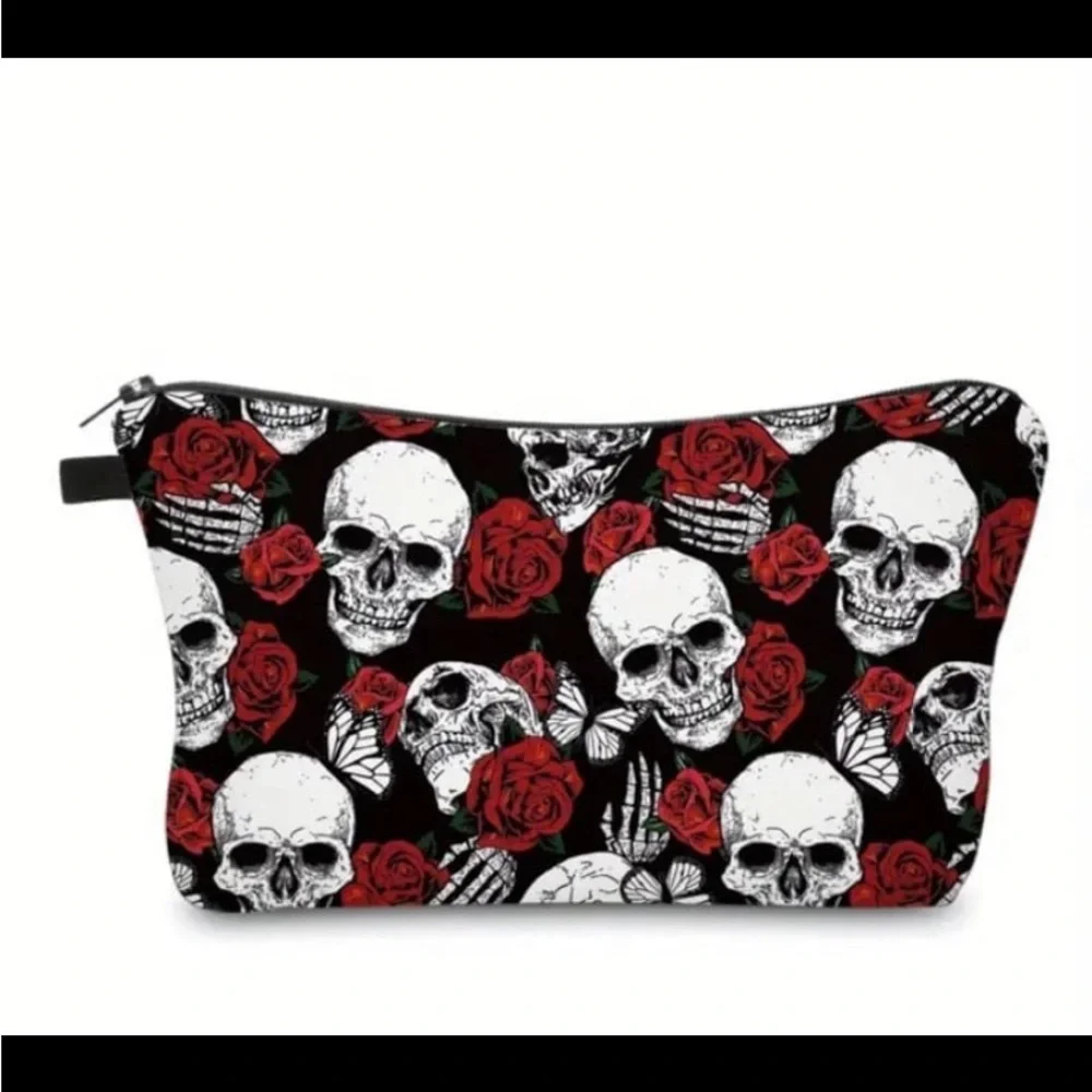 New! 3D Printed Skull And Rose Pattern Cosmetic Bag, Waterproof Makeup Pouch